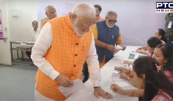 Massive crowd gathers outside voting booth as PM Modi casts vote in Ahmedabad