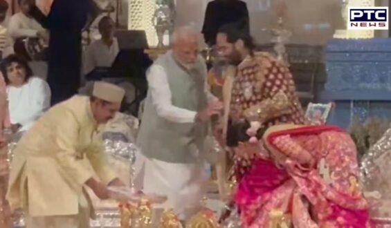 Newlyweds Anant Ambani and Radhika Merchant touch PM Modi’s feet to seek his blessings at Shubh Aashirwad ceremony